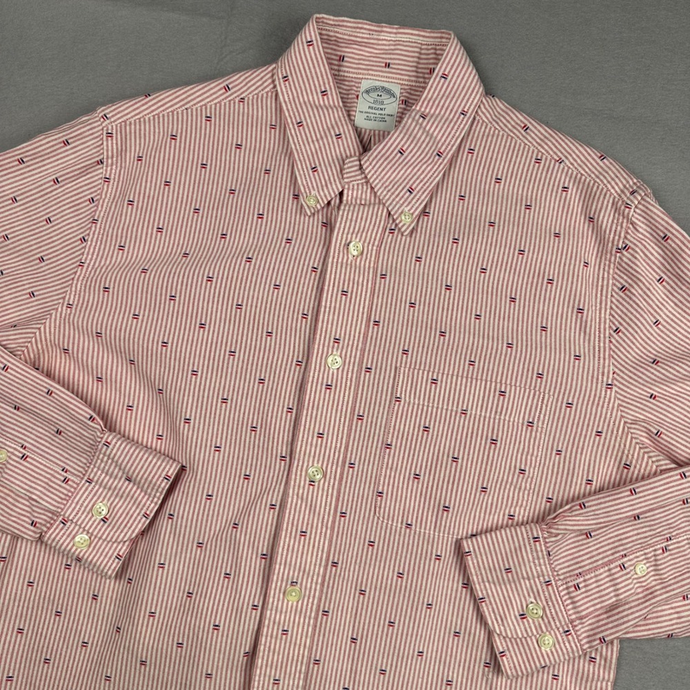 Brooks Brothers 1818 Regent Mens Medium Red White Striped Embroidered Shirt